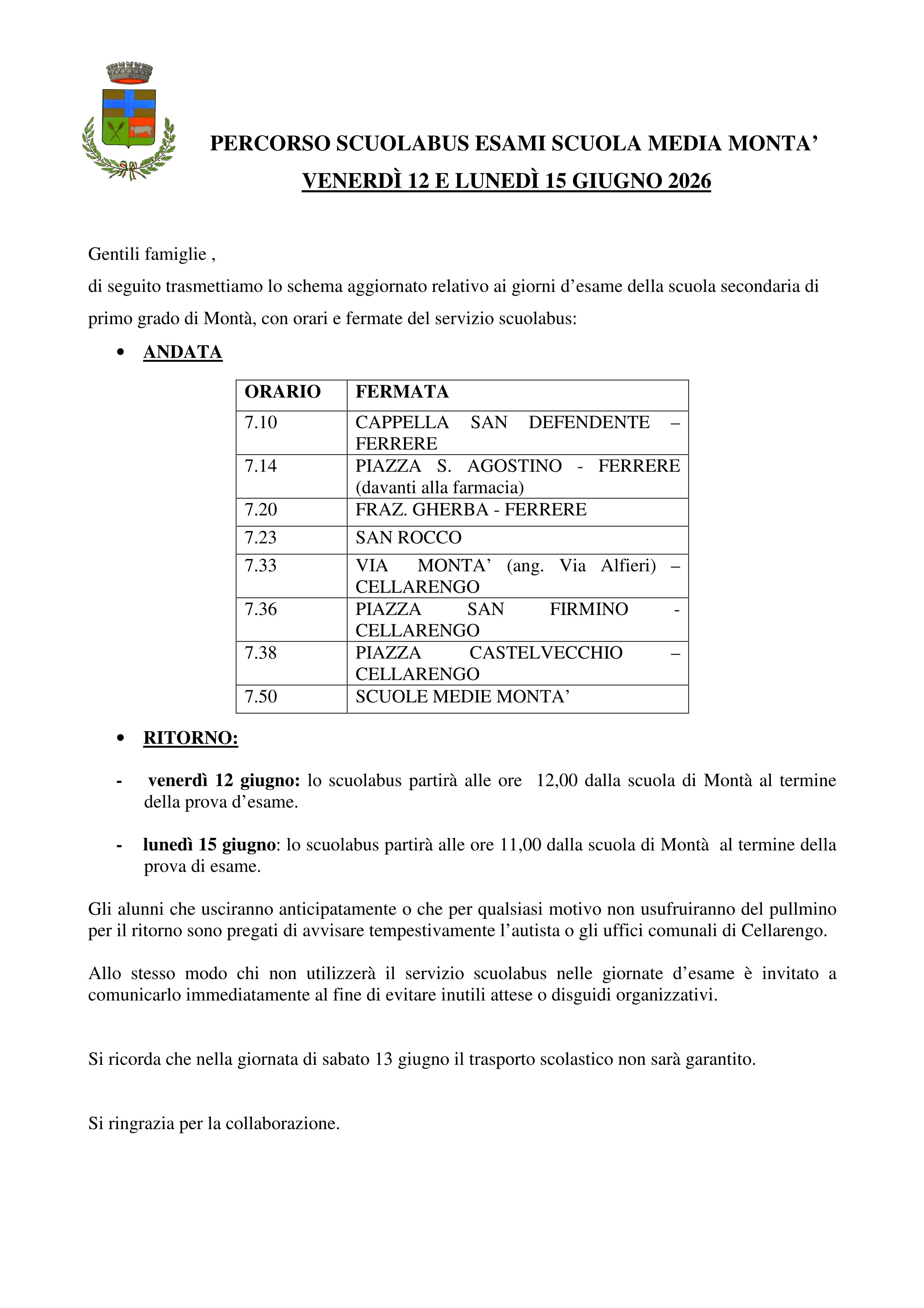 Orari scuolabus per prove scritte esame di stato-IC MONTA'
